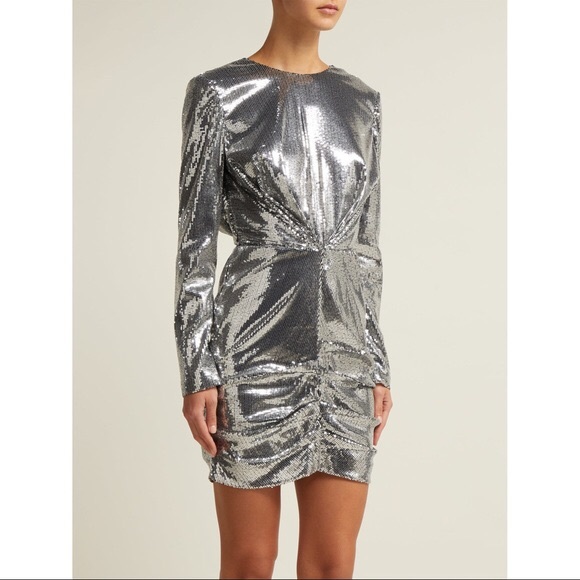 MSGM Sequin Long Sleeve Ruched Silver Mini Dress sz 38 - Picture 2 of 14